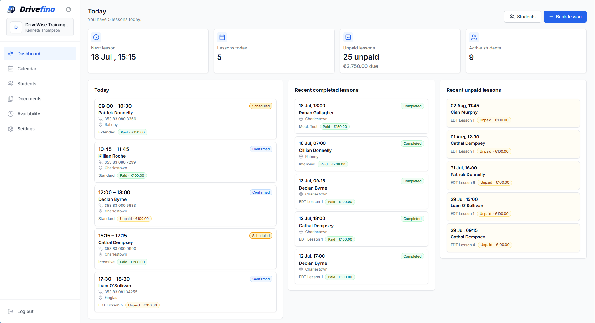Drivefino dashboard showing the next lesson, today's lessons, unpaid lessons, active students and lesson lists